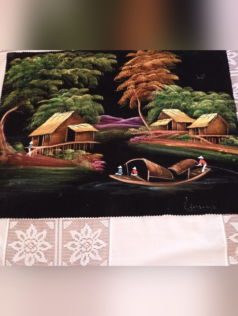 Mid Century Modern Hawaiian Asian Black Velvet Painting 20 x 15.5 Unframed.